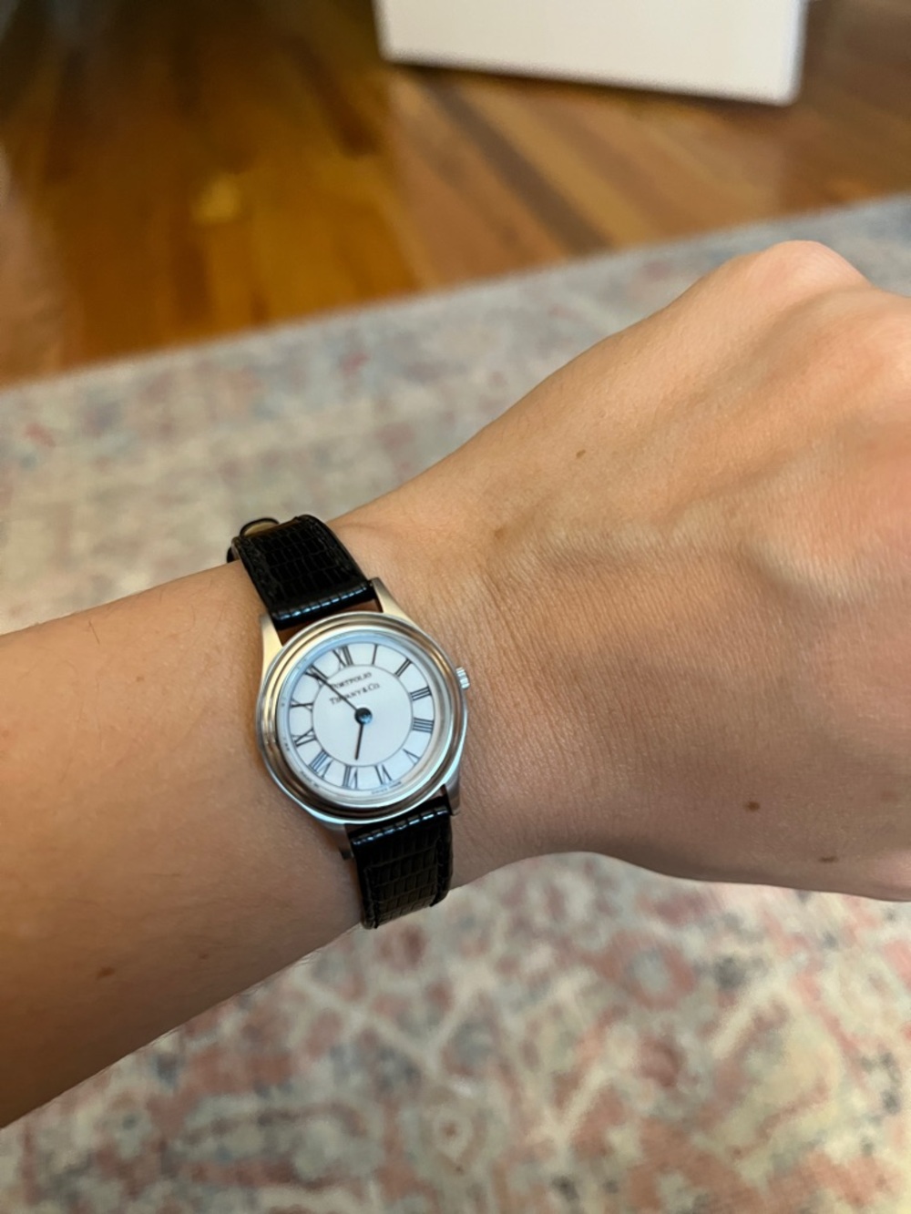 Tiffany & Co. Portfolio Watch Black Leather Strap Stainless Steel women round